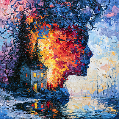 A vibrant, impasto-style painting depicting a silhouette of a woman's profile merged with a warm, glowing fire, surrounded by a snowy landscape with a lit cabin and reflective water. The piece, titled "Inner Fire," visually represents the post's reference to the NFT artwork by @NftSunage on @objktcom, capturing the intense emotional warmth and contrast highlighted in the caption.