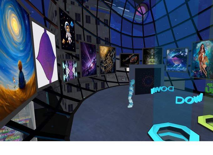 A screenshot from a virtual reality environment displaying various digital artworks and floating 3D objects in a gallery-like space.
