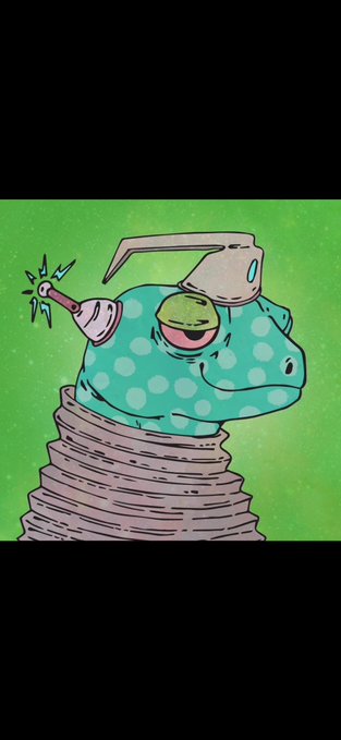 A cartoon illustration of a green, spotted, frog-like character wearing a helmet and holding a tool, emerging from a coiled spring.