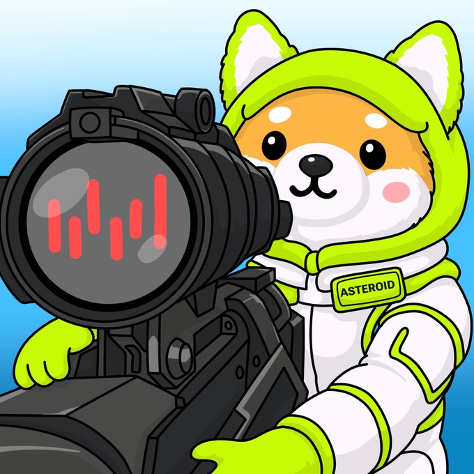 A cartoon Shiba Inu dog wearing a green-hooded spacesuit with an "ASTEROID" name tag operates a large futuristic weapon displaying a red audio waveform, visually capturing the post's message that the $ASTEROID token is "locked and loaded."