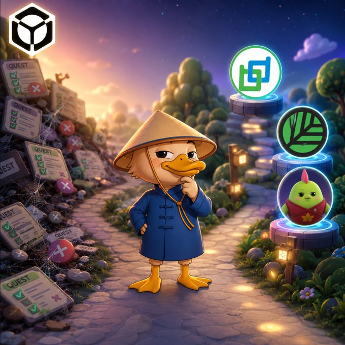 An illustrated scene of a duck character wearing a conical hat and blue robe standing on a path, with quest scrolls on the left and three circular icons on pedestals to the right.