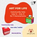 A promotional graphic for 'ART FOR LIFE' Community Vote from July 14-21, showing 7 finalists with voting instructions to use the 'article15' ArticleLife token on a website and wallet.