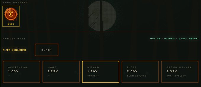 The image shows a staking dashboard interface for "$MANCER" tokens, displaying a "WIZARD" tier at 1.60X weight as the current rank, with options to progress to "ELDER" (2.00X, burning 225,000) or "GRAND MANGER" (3.33X, burning 575,000), alongside a balance of 0.33 MANCER. This relates to the post by illustrating the pre-launch staking platform where the user has generated 10,000 $MANCER tokens through soft staking before the project's official launch.