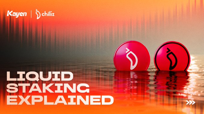 A banner image featuring Kayen and Chiliz logos in the top-left corner, with two red circular Chiliz tokens displayed on a glossy reflective surface against a warm orange and red gradient background, while the bold white text "LIQUID STAKING EXPLAINED" appears on the left side, visually introducing the post's discussion about liquid staking on Kayen Finance and its relevance to the $CHZ ecosystem.