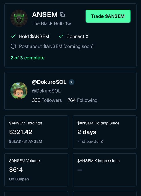 A screenshot of a crypto tracking interface shows 'ANSEM' (The Black Bull) with a 'Trade $ANSEM' button, detailing holdings of $321.42, a $614 volume, and a connection to the X account '@DokuroSOL'.
