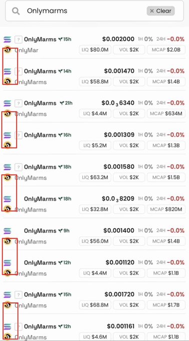 A search result page on DexScreener for "Onlyfarms" shows multiple tokens, mostly displaying a 0% price change in 1 hour and 24 hours, with very low liquidity ranging from $4.4M to $80M and market caps mostly between $1B-$2B. The image supports the post's warning about the Orca DEX, as many of these "Onlyfarms" tokens appear to be suspicious micro-cap tokens potentially involved in scam schemes where liquidity is pulled after retail investors buy in.