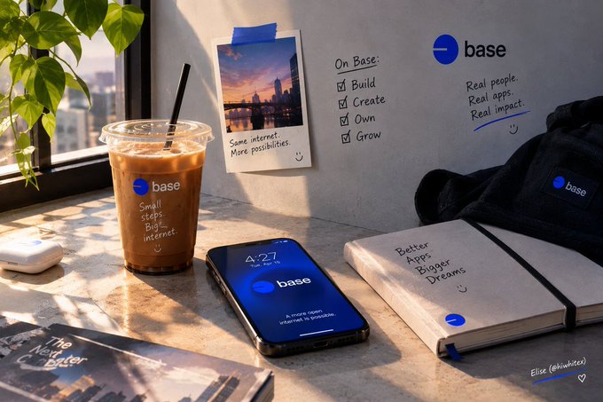 A lifestyle product mockup featuring the 'base' app logo on an iced coffee cup, a phone screen showing the app, a backpack, and a notebook with handwritten-style text like 'Small steps. Big internet.' and 'On Base: Build, Create, Own, Grow'.