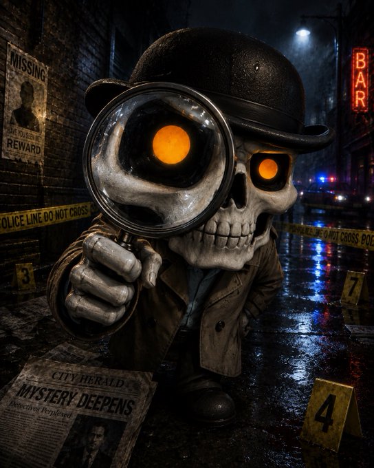 A dark, atmospheric digital artwork of a skull-headed detective wearing a bowler hat and trench coat, holding a magnifying glass over one glowing orange eye in a noir crime scene setting with police tape, a "City Herald - Mystery Deepens" newspaper, and a "Missing" poster.