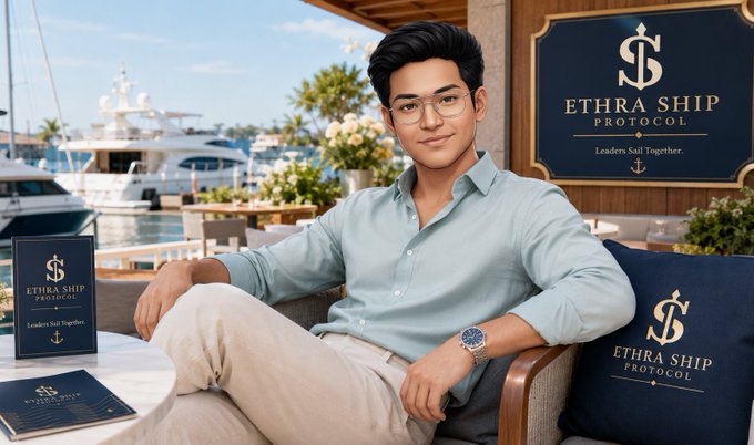 A man wearing glasses and a light blue shirt sits in a marina setting next to signs and cushions branded 'ETHRA SHIP PROTOCOL' with the tagline 'Leaders Sail Together.'