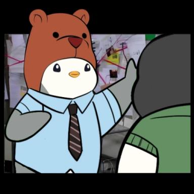 Cartoon image showing a penguin-like character wearing a brown bear hat, blue shirt, and striped tie, standing in front of a corkboard covered with pinned papers and photos.