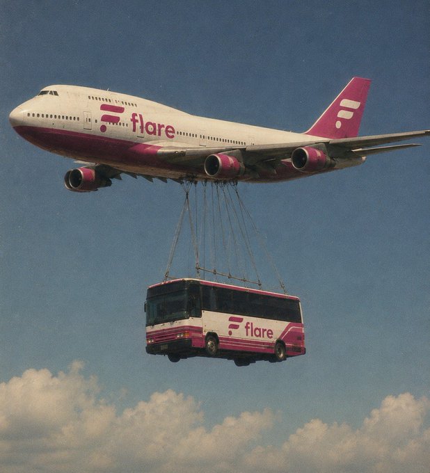 A surreal image of a 'flare' airline Boeing 747 jumbo jet flying through a partly cloudy sky while suspending a pink and white 'flare' tour bus from cables beneath it.