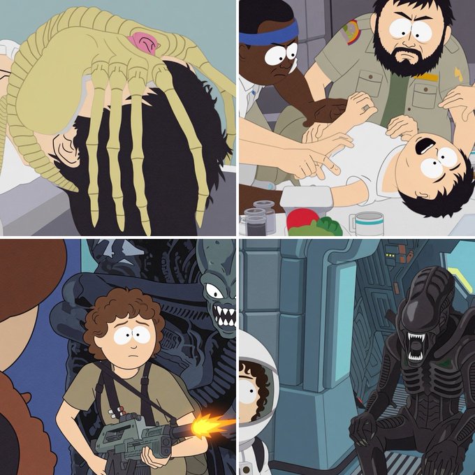 A four-panel collage of scenes from the animated show South Park, depicting characters including aliens and Xenomorphs in various sci-fi scenarios.
