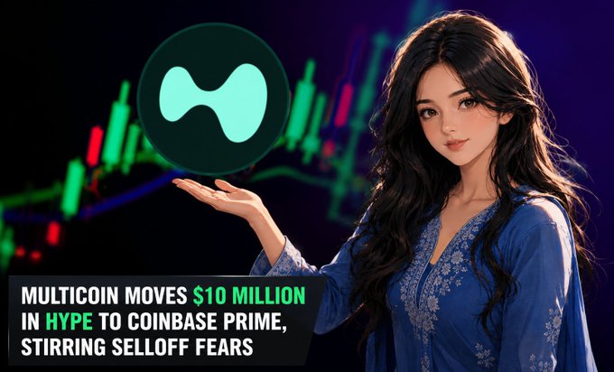 An AI-generated woman in a blue dress holds up the HYPE token logo, with a headline reading 'MULTICOIN MOVES $10 MILLION IN HYPE TO COINBASE PRIME, STIRRING SELLOFF FEARS' overlaid on a stock chart background.