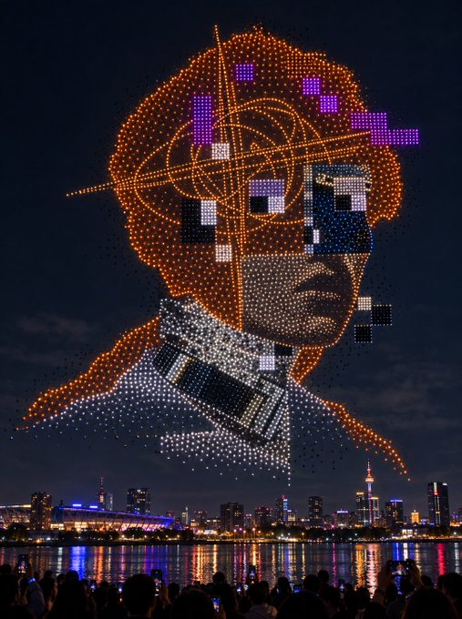 A drone light show depicting a stylized astronaut portrait hovers above a city skyline reflected in water, with spectators watching from below.