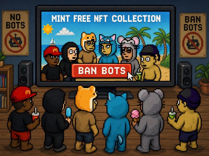 A pixel-art scene shows six characters watching a TV displaying "MINT FREE NFT COLLECTION" with a "BAN BOTS" warning, while "NO BOTS" and "BAN BOTS" posters flank the screen, illustrating the post's message about banning bot wallets during today's 11:20 PM UTC Robinhood NFT launch.