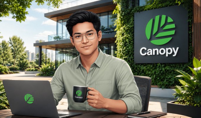 A confident man wearing glasses sits at an outdoor table with a Canopy-branded laptop and mug in hand, with a "Canopy" sign and lush greenery in the background, visually reinforcing the post's focus on the Canopy Network (CNPYNetwork) and its role as a builder-friendly launchpad before mainnet.