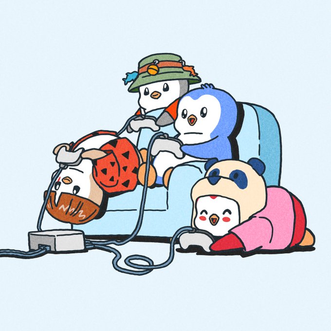 A whimsical cartoon illustration featuring a duck wearing a fishing hat, a penguin, and a panda in pajamas, all playing together with cords and cables on a light blue background.