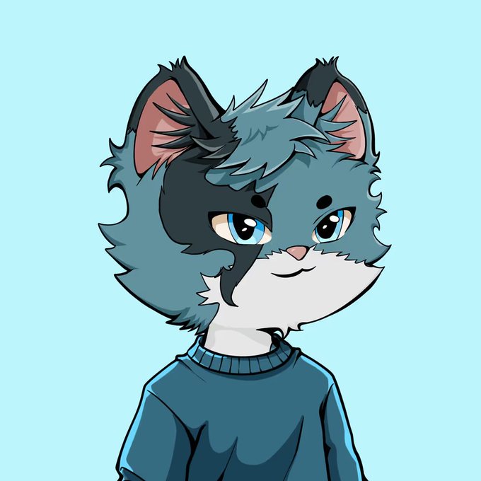 An anthropomorphic gray and black cat character with blue eyes wearing a teal sweater poses against a light blue background, fitting the post's cheerful tone about the @MortalsOfficial community growth. The mascot-like illustration visually represents the "Mortals" brand referenced in the message about purchasing opportunities.