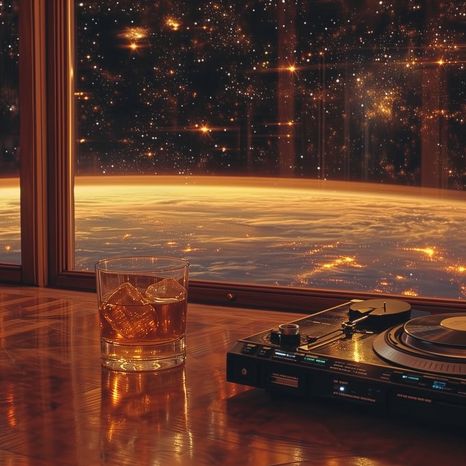 A glass of whiskey sits beside a vinyl turntable on a polished wood surface, with a glowing cosmic view of Earth visible through a large window behind them. The image evokes the premium, aspirational lifestyle associated with the post's announcement about tokenized Irish whiskey as a real-world asset investment opportunity for UAE investors.