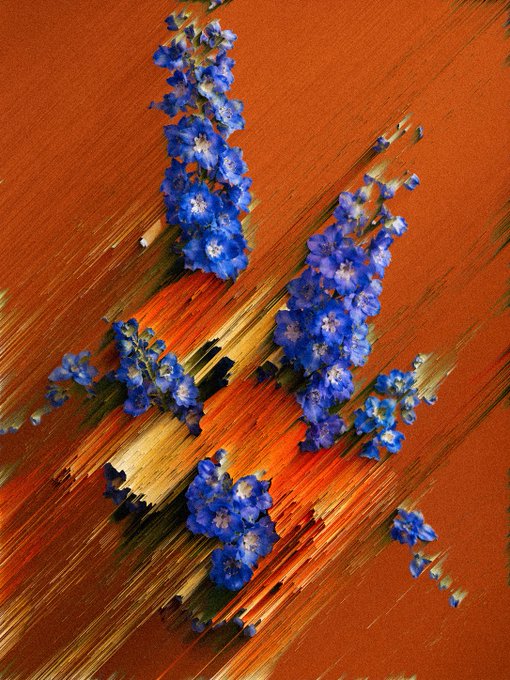 Glitch art composition showing clusters of blue flowers overlaid on a streaked, motion-blurred orange and brown background.