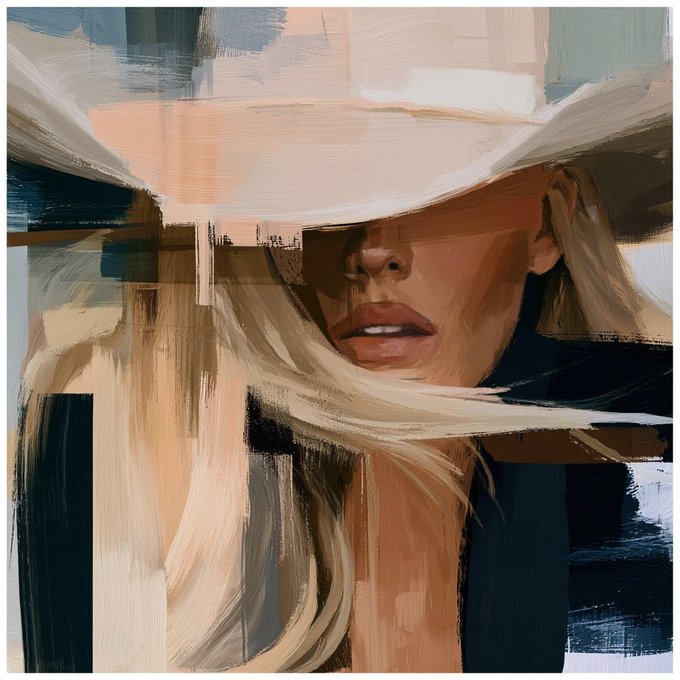 The image is an abstract, painterly portrait of a woman wearing a wide-brimmed white hat, with visible brushstrokes obscuring most of her face and leaving only her lips and a glimpse of her nose and ear visible—fitting the relaxed, stylish tone of a "Gm" (good morning) greeting.