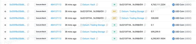 The image displays a series of blockchain transactions on Etherscan from address "0x359f8c0586b..." involving interactions with Ostium Vault and Ostium: Trading Storage contracts, showing transfers of USDC (USDC) including amounts like 530,000 and 6,290,901.9004. These transactions relate to the post's discussion of a reported $12-18 million exploit on the Perp Dex Ostium, illustrating the suspicious on-chain activity associated with the attack.