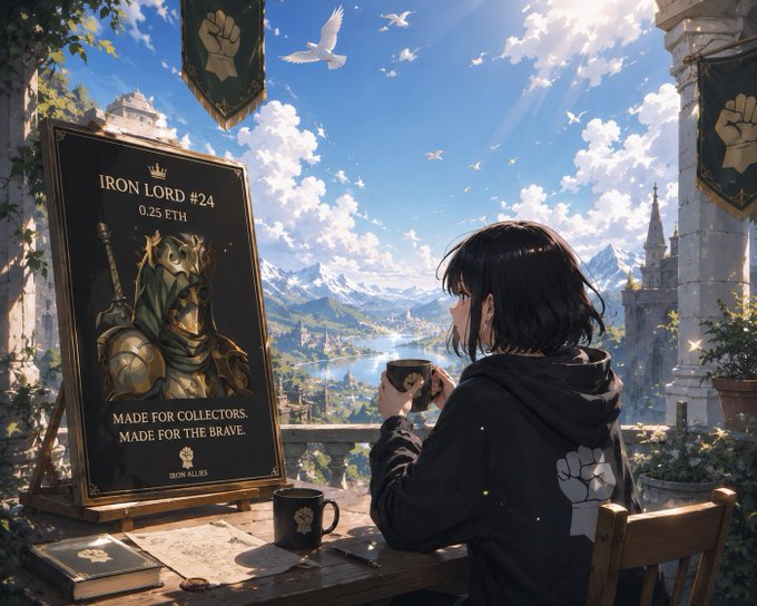 An anime-style illustration of a dark-haired character in a black hoodie holding a mug, looking out over a fantasy landscape from a balcony, with a framed 'Iron Lord #24' NFT poster priced at 0.25 ETH visible nearby.