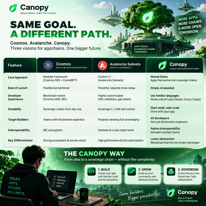 Marketing infographic comparing Cosmos, Avalanche Subnets, and Canopy appchains, highlighting Canopy with the tagline 'SAME GOAL. A DIFFERENT PATH.' and 'Build Freely. Own the Future.'
