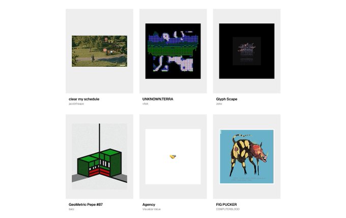 A grid of six NFT artworks from an online gallery at networked.art, featuring pieces titled "clear my schedule," "UNKNOWNTERRA," "Glyph Scape," "GeoMetric Pepe #87," "Agency," and "FIG PICKER." The collection showcases diverse digital art styles—from pixelated landscapes and abstract geometric designs to a yellow emoji and a stylized animal illustration—all priced at one "dollarydoo," matching the post's reference to purchasing "cool shit for one dollarydoo."