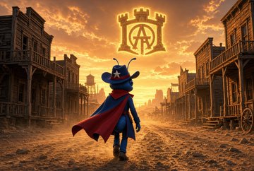 A stylized superhero resembling Superman stands in a Western-style town at sunset, wearing a blue suit and red cape beneath a glowing emblem.