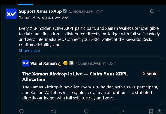 A Twitter/X post from "Support Xaman xApp" announcing "Xaman Airdrop is now live!" with details about XRP/XRPL eligibility.