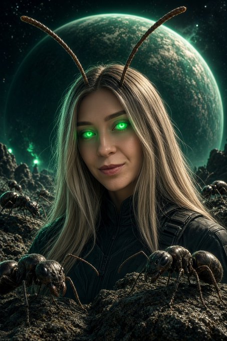 A sci-fi image shows a woman with glowing green eyes and antennae, surrounded by large ants on a rocky alien terrain with a large green planet in the background.