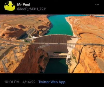 A tweet from "Mr Pool" (@looP_rM311_7211) dated 10:01 PM on 4/14/22 features an aerial photo of a canyon reservoir with a hydroelectric dam, paired with a post quoting Ripple CEO Brad Garlinghouse criticizing the inefficiency of traditional cross-border money transfers compared to modern technology, highlighting Ripple's mission to overhaul outdated financial infrastructure.