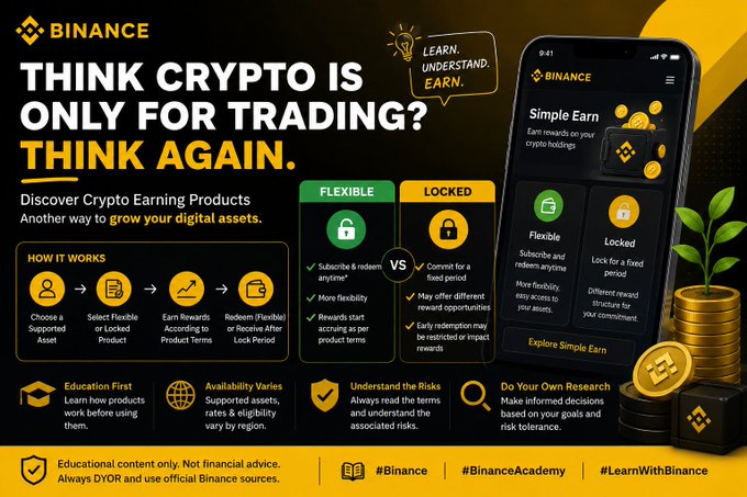 This Binance promotional graphic challenges the perception that crypto is only for trading, showcasing their "Simple Earn" products with both Flexible and Locked options displayed on a smartphone interface. The image highlights key features like flexible subscribing with no lock-up, flexible rewards, and locked products offering different reward opportunities, alongside a stack of crypto coins emphasizing the "earn" aspect of digital assets. It supports the post's message by visually introducing crypto earning products as an alternative way to grow digital holdings beyond traditional trading.