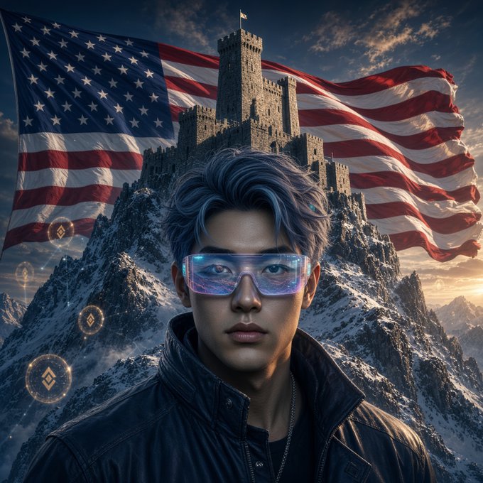 A digital artwork featuring a young man with blue hair wearing futuristic AR glasses, with a medieval castle, an American flag, and cryptocurrency symbols overlaid against a snowy mountain backdrop.