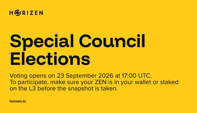 A promotional graphic for Horizen with a yellow background, announcing 'Special Council Elections' and stating that voting opens on 23 September 2026 at 17:00 UTC, directing users to ensure their ZEN is in their wallet or staked on the L3.