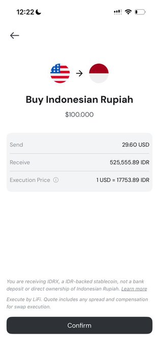 A currency exchange interface on the Grow app shows the conversion of 29.60 USD to 525,555.89 IDR at an execution price of 1 USD = 17,753.89 IDR, noting that the user is receiving IDRX, an IDR-backed stablecoin rather than actual Indonesian Rupiah. The screen demonstrates how Grow app users can seamlessly access Indonesian Rupiah exposure through the IDRX stablecoin.