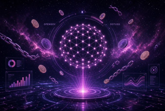 Digital artwork showing a glowing purple blockchain sphere connected to network chains, coins, and data visualizations with labels 'OPENGOV' and 'DOTUSD' against a cosmic background.