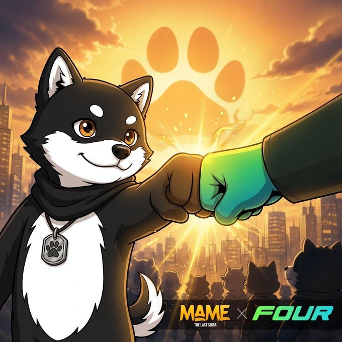 The image features an animated black-and-white Shiba Inu giving a fist bump against a glowing sunset cityscape with a large paw print silhouette, alongside the text "MAME THE LAST SHIBA × FOUR." The fist bump visually represents the post's excitement about $Mame's partnership with FOUR.MEME and its growing collaboration with the SHIB ecosystem, symbolizing unity and the strong bullish momentum behind the project.