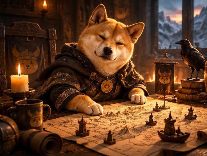 A fantasy-style image of a Shiba Inu dog dressed in medieval robes sitting at a table with a map, surrounded by candles, ships, and a black raven, with dog-themed insignias throughout.