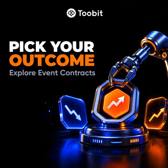 A Toobit promotional graphic featuring a robotic arm selecting a glowing orange hexagonal token with an upward arrow, alongside blue and orange tokens showing downward and upward trends, with text reading "PICK YOUR OUTCOME - Explore Event Contracts." The futuristic scene illustrates the platform's event contracts feature, where users choose predicted market directions on cryptocurrency outcomes.