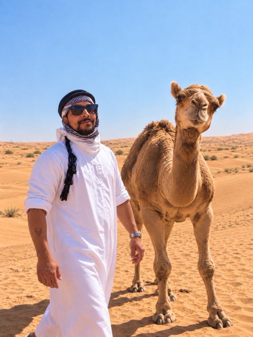 A man in traditional white Emirati attire and keffiyeh poses alongside a camel in the desert sand, capturing a fun "GM and Happy HUMP day" spirit — playing on the camel's role as the perfect hump-day mascot for a sunlit Arabian desert scene.