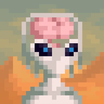 A pixel art image depicts a white rabbit character with pink inside its ears and blue eyes, set against a soft pastel background.