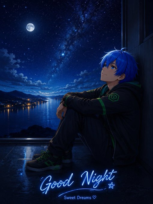 The image features a blue-haired boy sitting by a window, looking out at the ocean with stars above him. The background of the image shows a night sky filled with stars, creating an atmosphere of tranquility and wonder. Below this scene is a poster that reads "Good Night" in white text against a dark blue background, accompanied by a star symbol. The poster also includes a reference to a post on Wallchain, which has been earned 1.30 Quacks today.