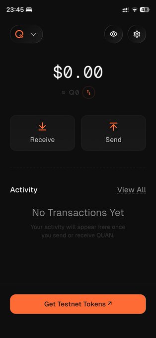 A mobile wallet app screenshot showing a $0.00 balance with options to Receive or Send, noting 'No Transactions Yet' and a 'Get Testnet Tokens' button for QUAN tokens.