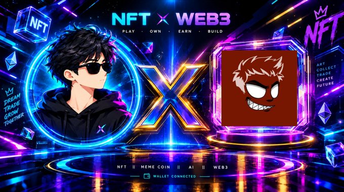 A neon-themed promotional graphic for 'NFT X WEB3' featuring an anime-style character on the left and a red NFT token on the right, with text including 'PLAY · OWN · EARN · BUILD', 'DREAM TRADE GROW TOGETHER', 'ART COLLECT TRADE CREATE FUTURE', and 'NFT || MEME COIN || AI || WEB3 — WALLET CONNECTED'.