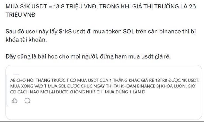 A Vietnamese text post warning about buying cheap USDT, mentioning MUA $1k USDT = 13.8 TRIỆU VNĐ versus market price of 26 TRIỆU VNĐ, and a Binance account being locked.