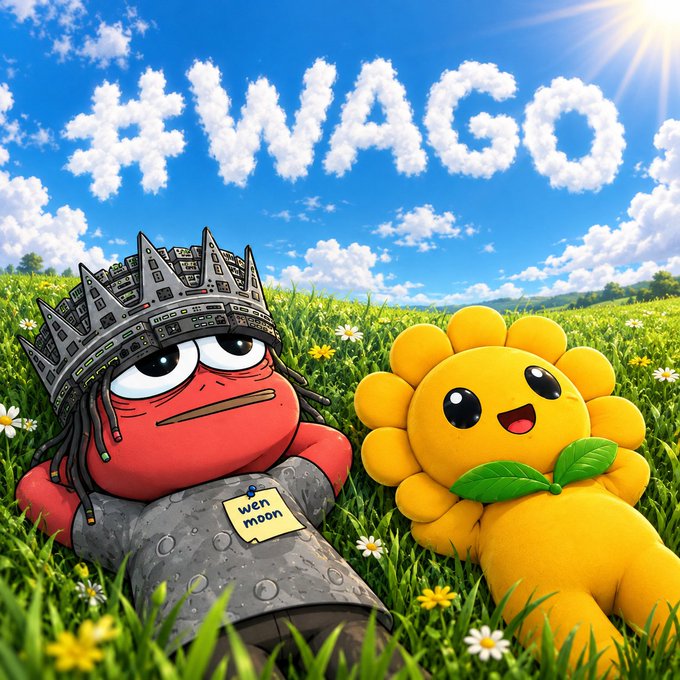 A whimsical illustration showing a red cartoon character with a cityscape for a hat and a yellow flower-like character lying in a grassy field under a blue sky with clouds spelling 'HWAGO'.