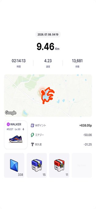A fitness tracking app screenshot showing a walk summary from 2026.07.08, covering 9.46km in 02:14:13 at an average pace of 4.23, earning 13,681 points and +638.05p, with a map of the route and shoe/temperature statistics.