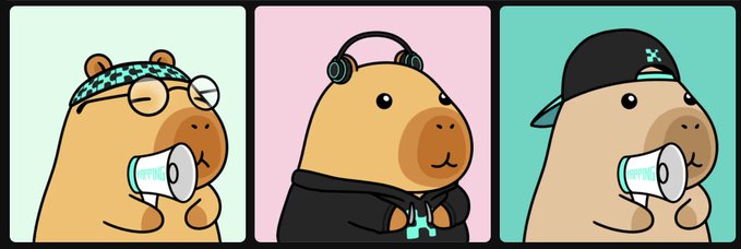 Three cartoon capybaras are featured side by side, each with distinct accessories: one wears a checkered headband and holds a megaphone, the middle one sports headphones and a hoodie, and the third wears a black cap and holds a megaphone, all representing the "Yapbaras" NFT collection mentioned in the $KAITO ecosystem analysis.